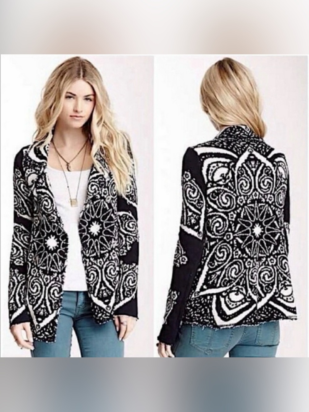 Free People Black & White Geometric Open-Front Cardigan